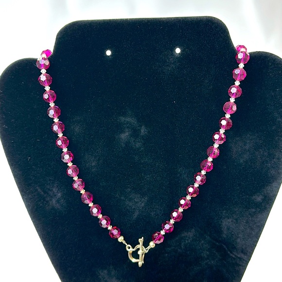 Pink & Clear Faceted Glass Bead Necklace. Heart Shape Toggle Clasp. 20 Inch - Picture 1 of 7